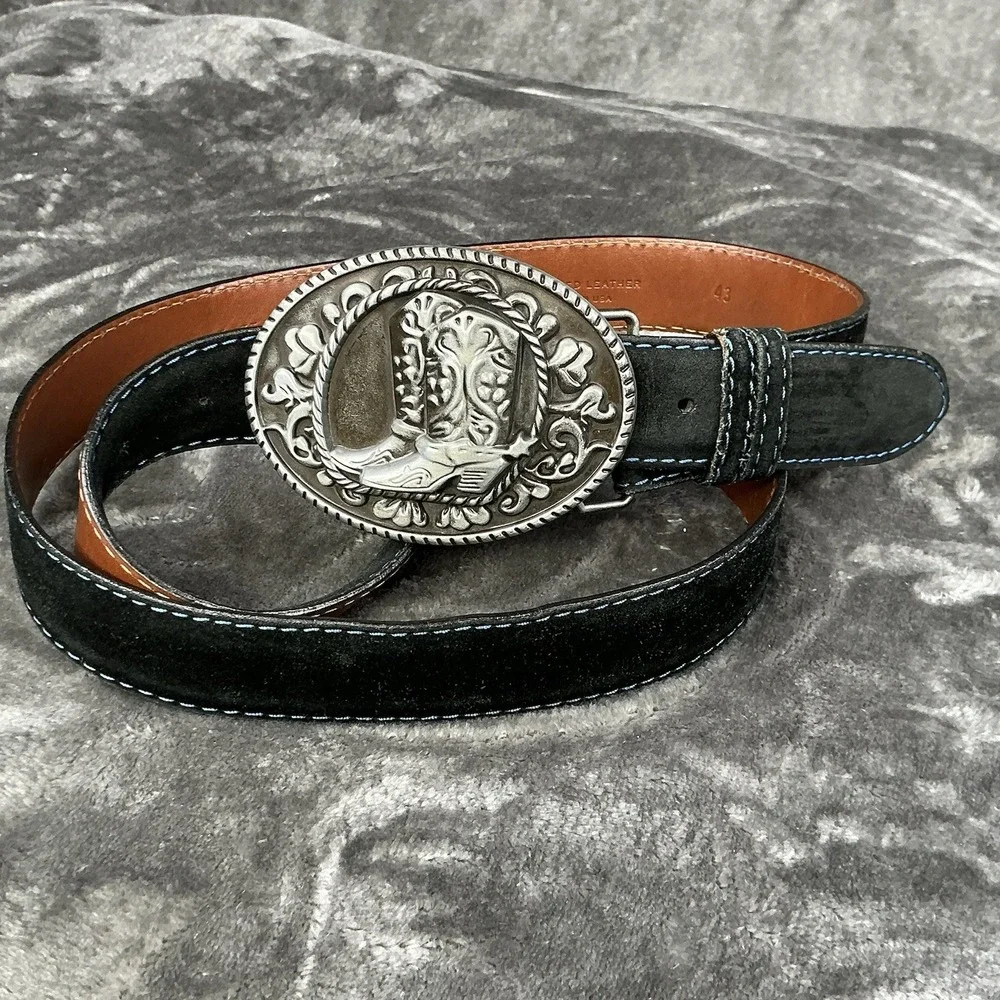 J. Hilburn Mens Sz 43 Sueded Navy Leather Belt Handcrafted USA Silver Buckle